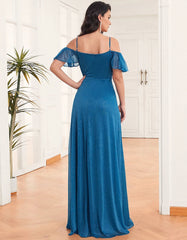 Solid-color V Neck Short Sleeve Slits Ruffle Long Party A-Line Dresses