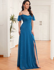 Solid-color V Neck Short Sleeve Slits Ruffle Long Party A-Line Dresses