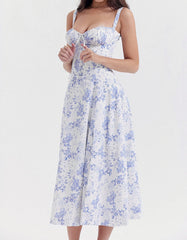 Solid-color Disty Floral Strap French Long A-Line Dresses