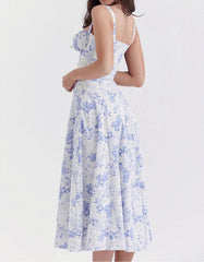 Solid-color Disty Floral Strap French Long A-Line Dresses