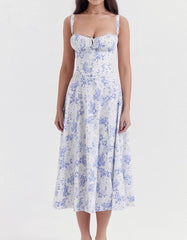 Solid-color Disty Floral Strap French Long A-Line Dresses