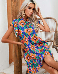 Printed Round Neck Flounce Sleeve High Waist Ruffle Short A-Line Dresses