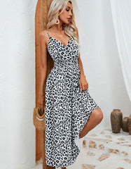 Leopard Print Strap Sleeveless Long Cami A-Line Dresses