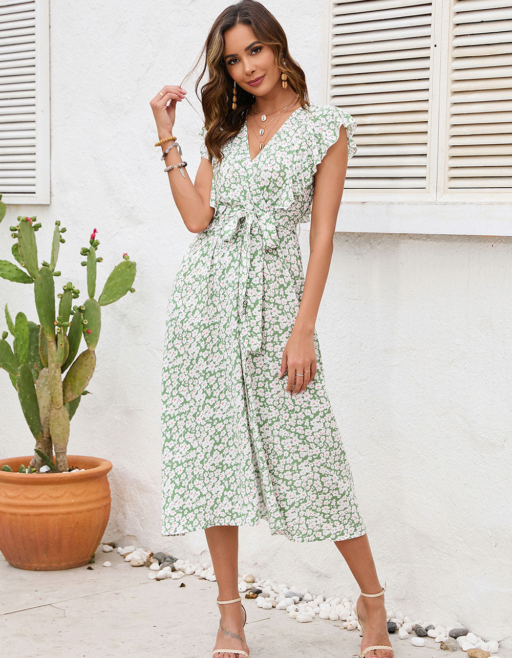 Disty Floral Print V Neck Short Sleeve Slits Long A-Line Dresses