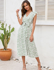 Disty Floral Print V Neck Short Sleeve Slits Long A-Line Dresses