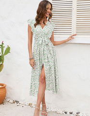 Disty Floral Print V Neck Short Sleeve Slits Long A-Line Dresses
