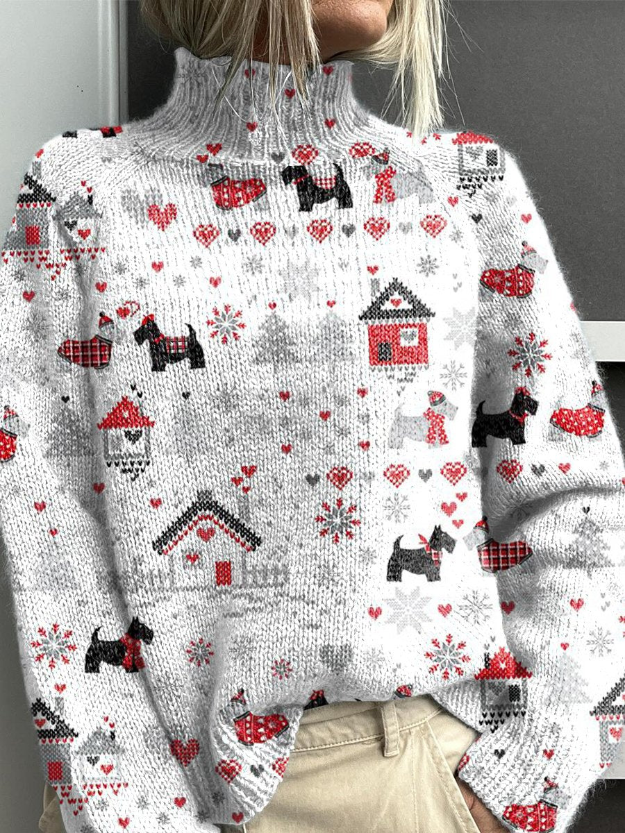 Loving Christmas Puppy Print Knit Turtleneck Pullover Sweater