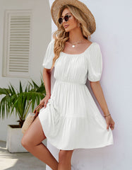 Solid-color Square Neck Puff Sleeve Short A-Line Dresses
