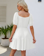Solid-color Square Neck Puff Sleeve Short A-Line Dresses