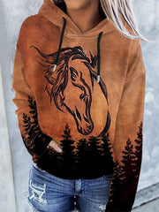 Vintage Horse Hooded Print Sweatshirt