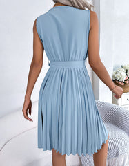 Solid-color V Neck Sleeveless Pleated Short A-Line Dresses