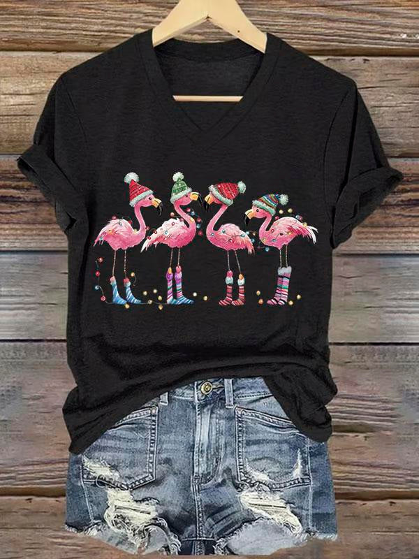 Lovely Christmas Flamingo Art Print V-neck Casual T-Shirt
