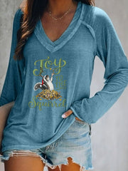 Women's Christmas Joy To The Squirrel Casual V-Neck Long-Sleeve T-Shirt