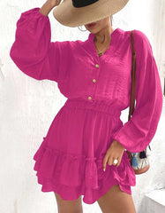 Solid-color V Neck Long Sleeve Ruffle Short A-Line Dresses