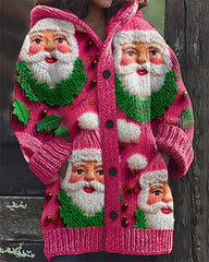 Christmas Pink Santa Claus Embroidery Print Casual Hooded Cardigan