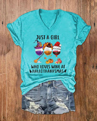 Just A Girl Who Loves Wine At Hallothanksmas Print V-Neck T-Shirt