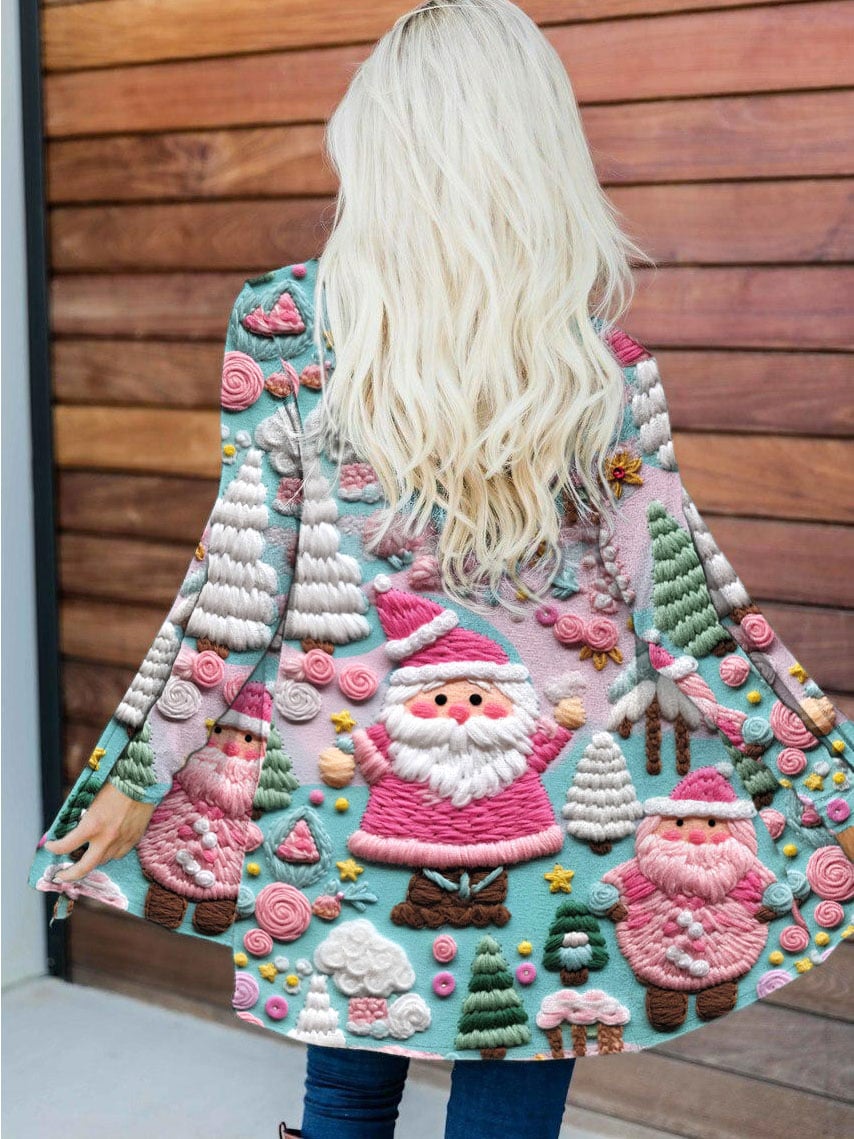 Women's Christmas Pink Santa Print Cardigan
