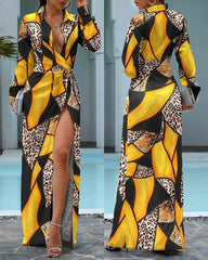 Cheetah Print Colorblock Twisted High Slit Shirt Dress