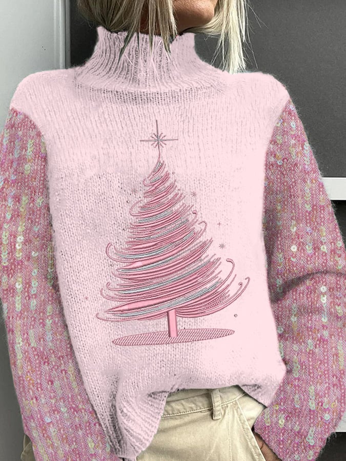 Christmas Tree Printed Knitted Turtleneck Pullover