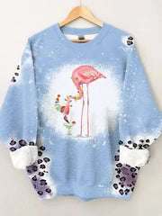 Merry Christmas Flamingo Leopard Print Casual Sweatshirt