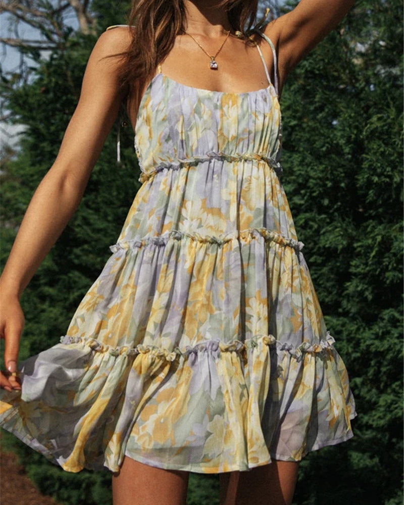 Floral Print Shirred Waist Ruffle Hem Self Tie Smock Dress