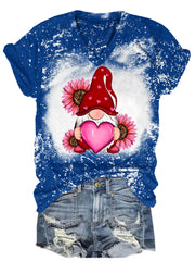 Happy Valentine's Day Gnome with Sunflower Bleaching V Neck T-shirt