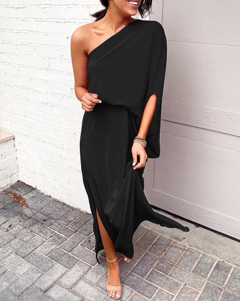 Solid One Shoulder Slit Dress