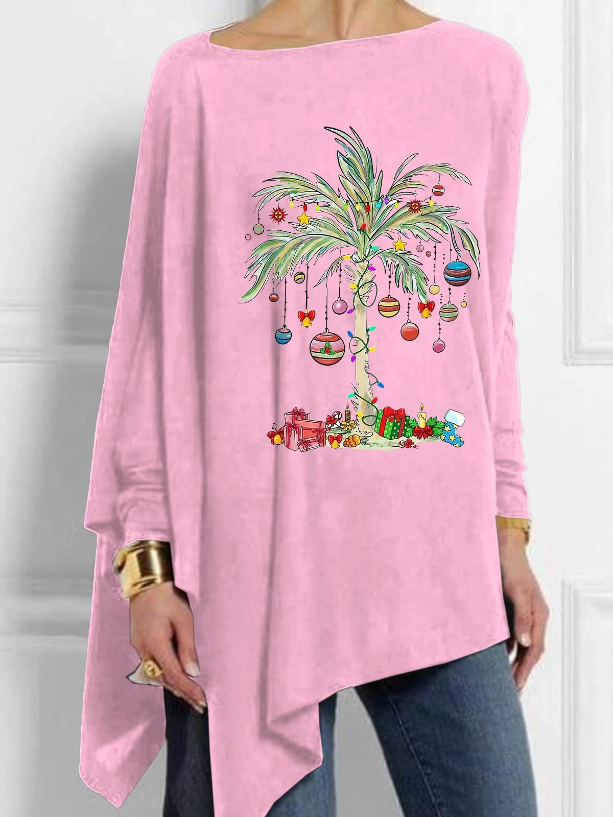 Christmas Palm Tree Round Neck Casual Irregular T-Shirt