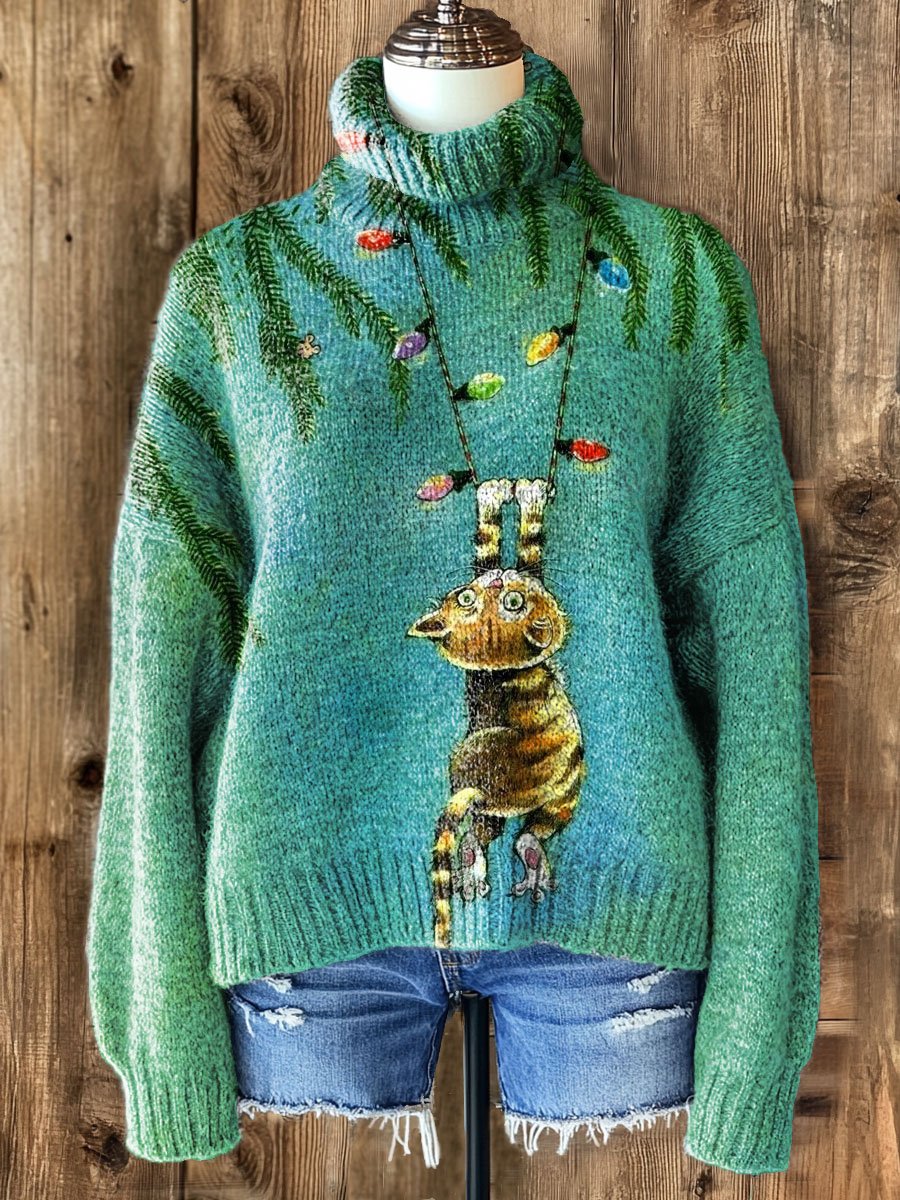 Vintage Christmas Cat Art Print Knit Turtleneck Pullover Sweater