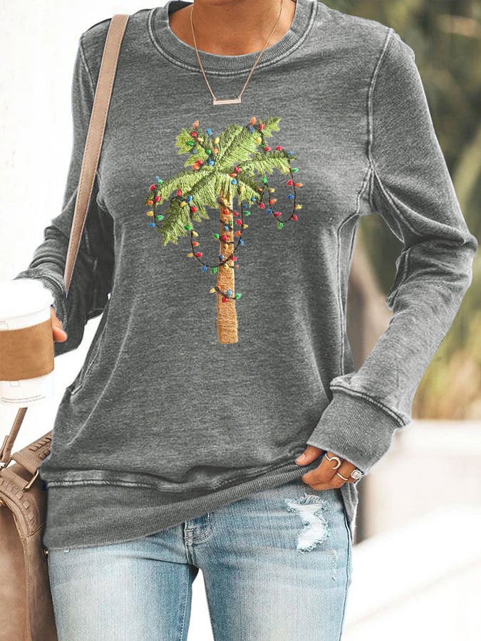 Retro Palm Tree Christmas Printed Sweatshirt