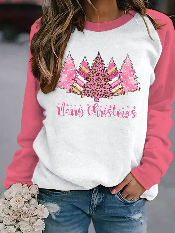 Pink Christmas Tree Print Sweatshirt
