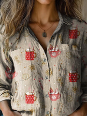 Christmas Biscuit And Hot Chocolate Pattern Printed Casual Long Sleeve Comfortable Cotton Shirt