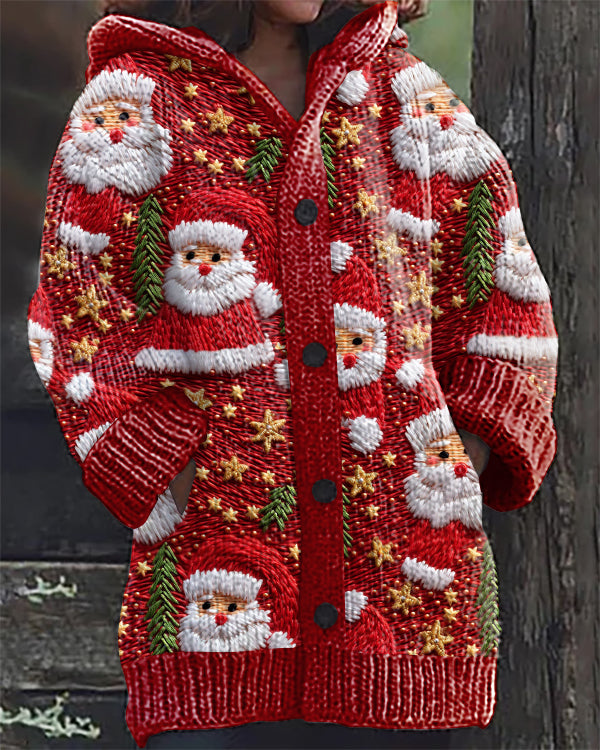 Christmas Santa Claus Embroidery Print Casual Hooded Cardigan