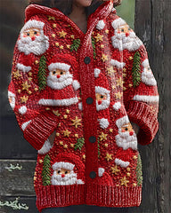 Christmas Santa Claus Embroidery Print Casual Hooded Cardigan