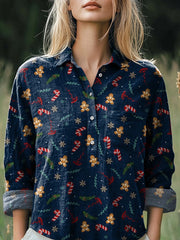 Christmas Gingerbread Men Pattern Printed Casual Cotton And Linen Shirt