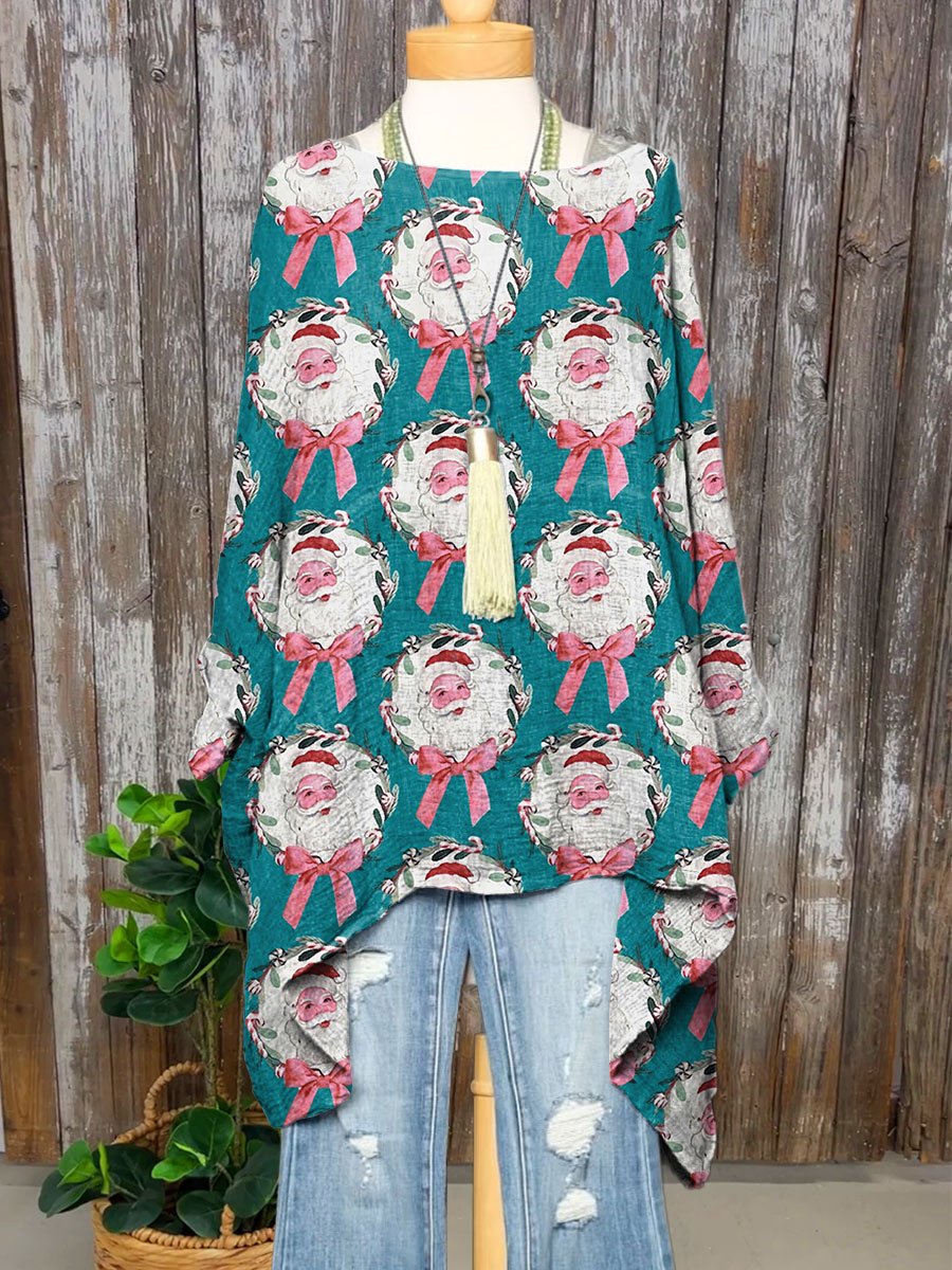 Velvet Trim Santa Christmas Art Print Pocket Cotton Top