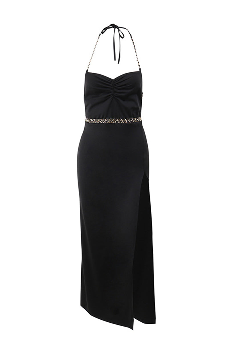 Ruched Chain Decor Split Thigh Backless Dress