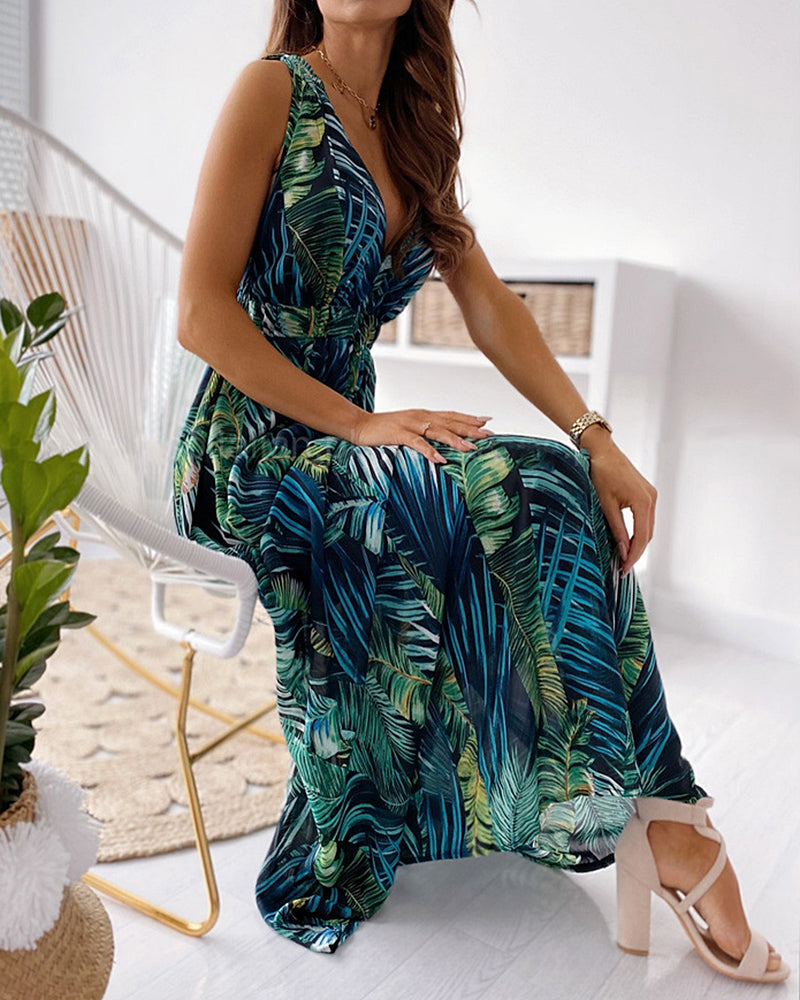 Floral Print V-Cut Back Tie Waist Maxi Dress