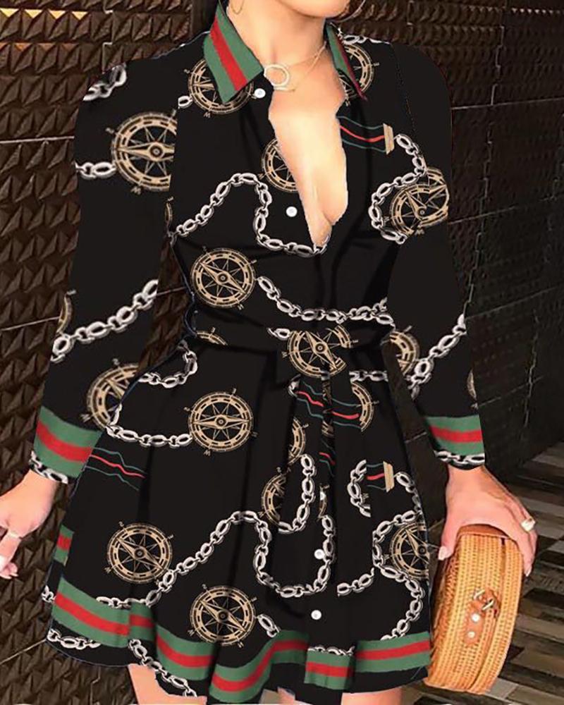 Mixed Print Buttoned Long Sleeve Ruffles Dress