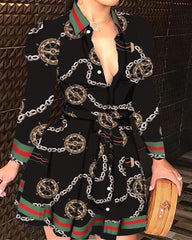 Mixed Print Buttoned Long Sleeve Ruffles Dress