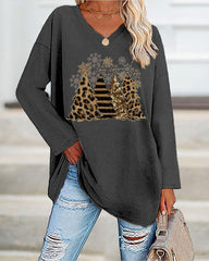 Vintage Leopard Christmas Tree Print Casual Long-Sleeve T-Shirt