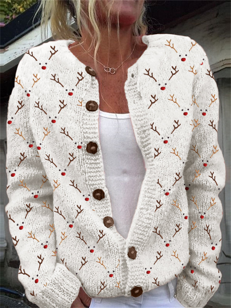 Christmas Reindeer Faces Embroidery Pattern Cozy Knit Cardigan