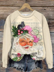 Pink Santa Christmas Music Roses Print Crew Neck Sweatshirt