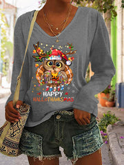Happy Hallothanksmas Print Long Sleeve V-Neck T-Shirt