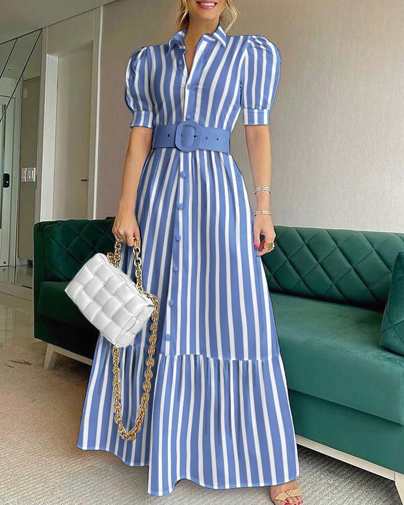 Striped Button Front Puff Sleeve Shirt Dress