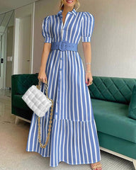 Striped Button Front Puff Sleeve Shirt Dress