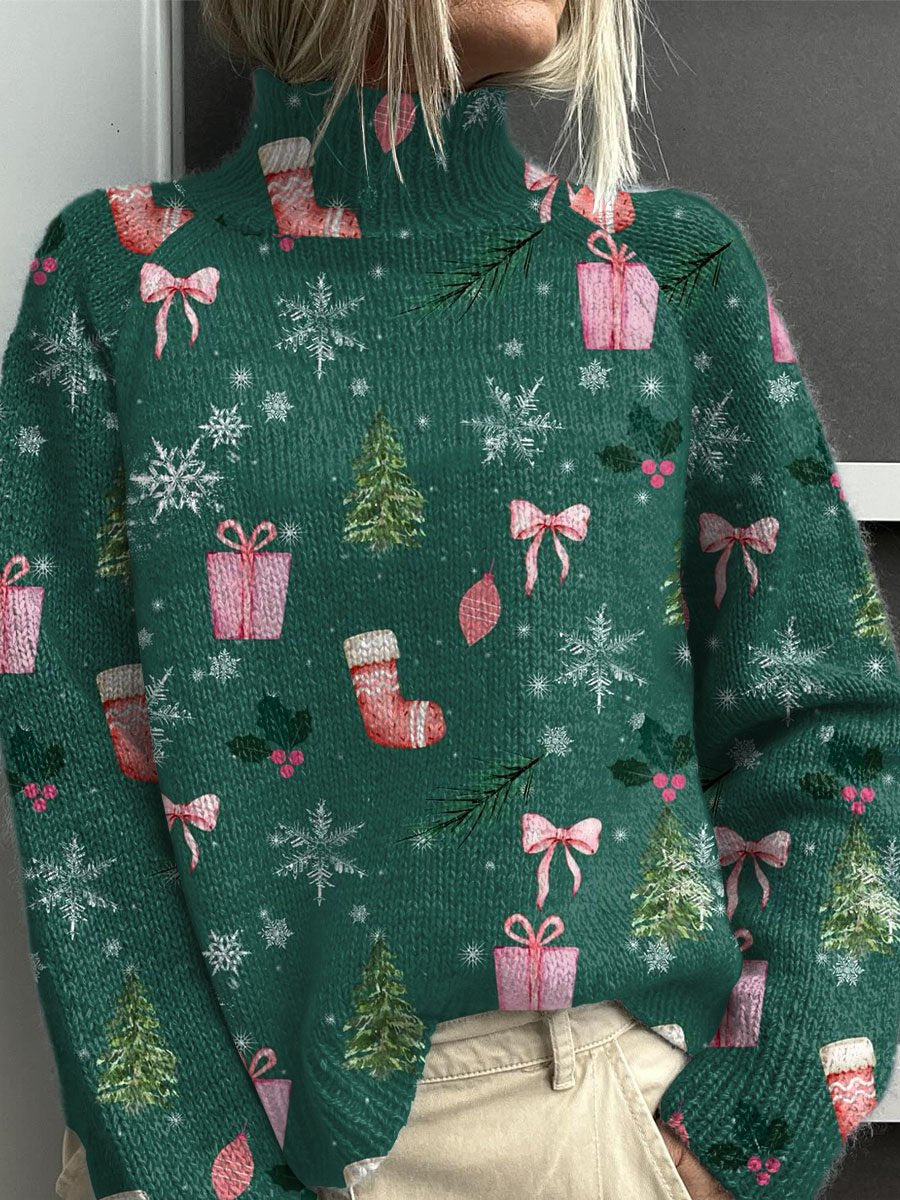 Vintage Christmas Print Knit Turtleneck Pullover Sweater