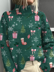 Vintage Christmas Print Knit Turtleneck Pullover Sweater