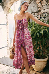 Boho Floral Patchwork Print Split Spaghetti Dress