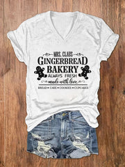 Mrs Claus Gingerbread Bakery Christmas Cookies Print V-Neck T-Shirt